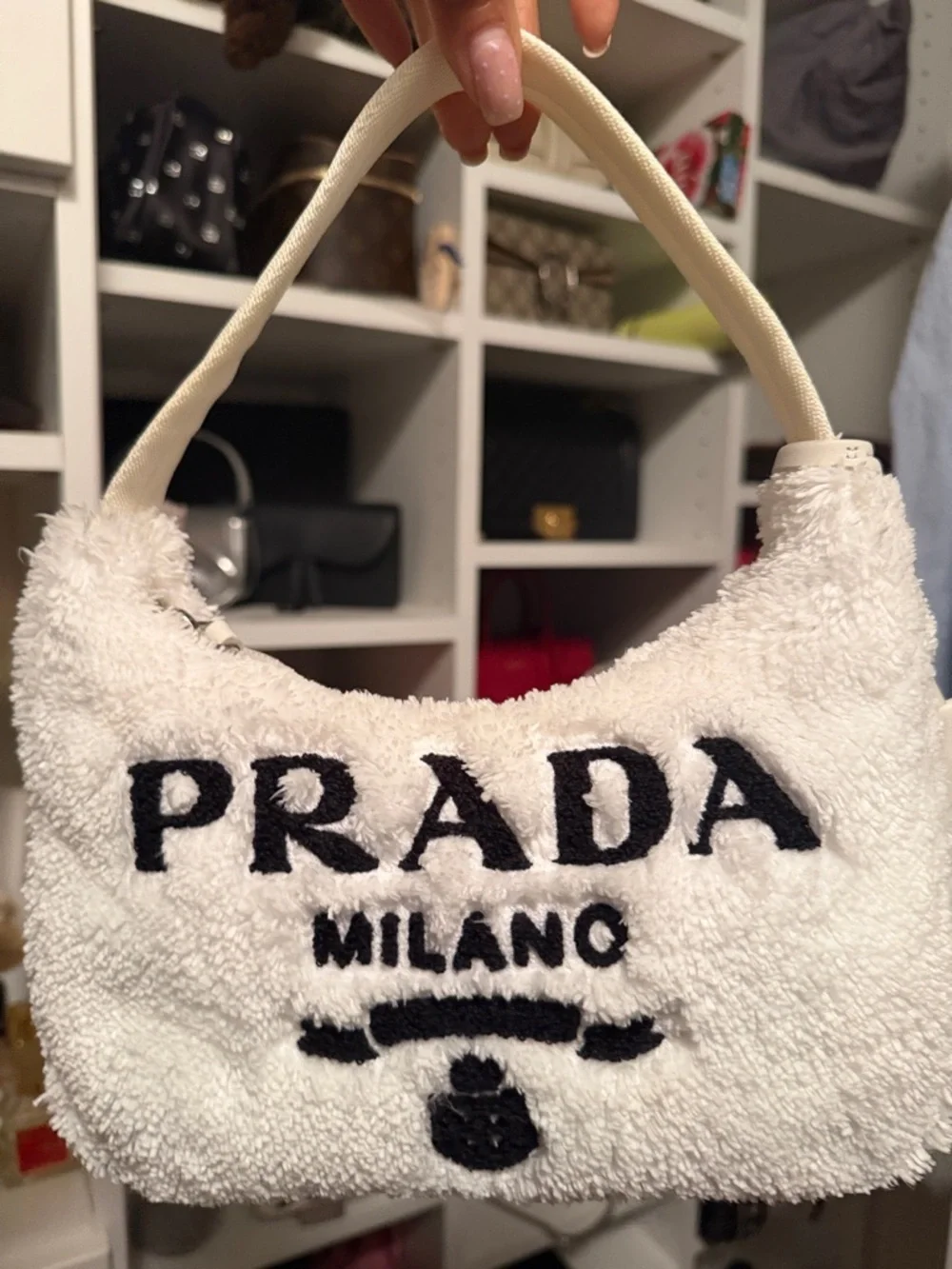 Prada White Teddy Shoulder Bag with Black Logo - Picture 1 of 4